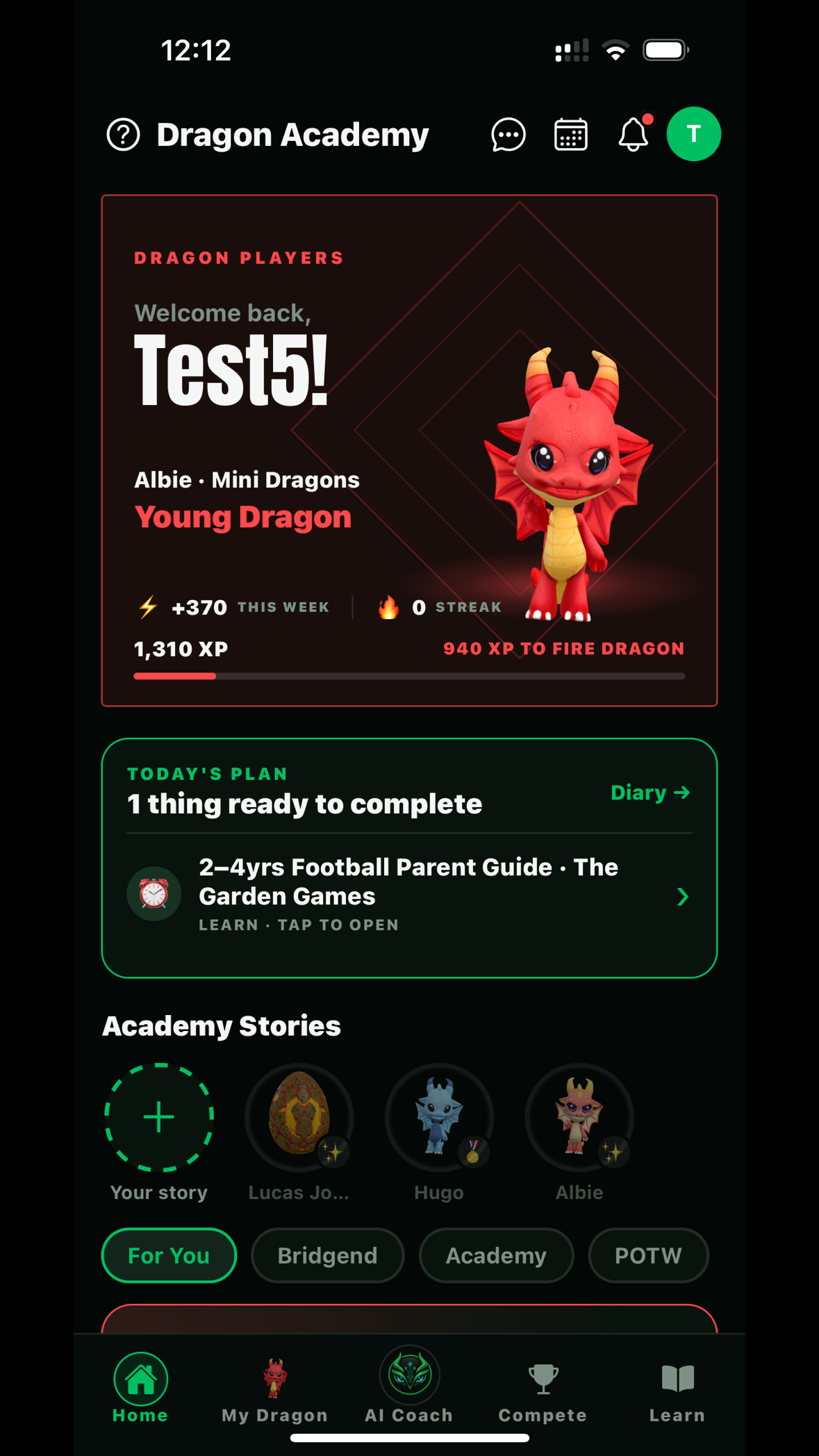 Updated Dragon Players personalised home showing XP, dragon progression and academy stories