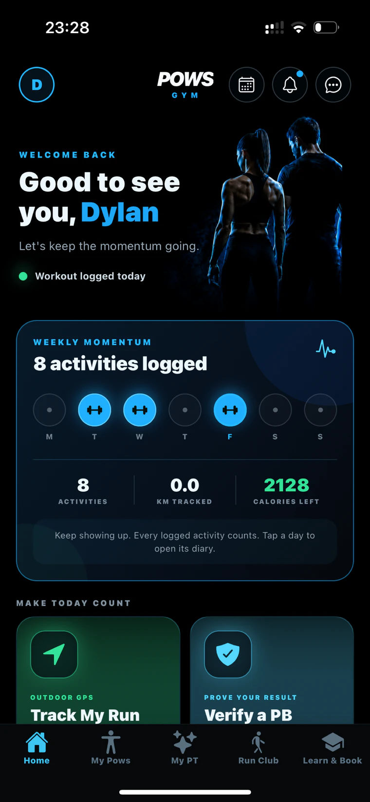 POWS Performance app home screen